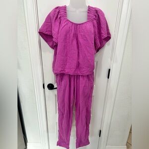 Xirena 100 % Cotton Casual Lounge Flowy Loose Frill Hot Pink Tank Pants Set Sz S